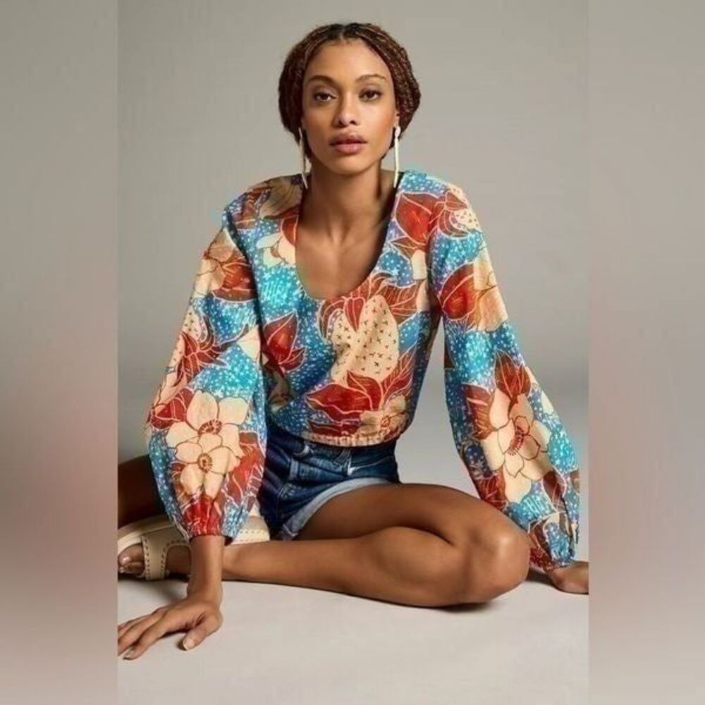 Farm Rio x Anthropologie Puff-Sleeve Bubble Blouse Size Medium